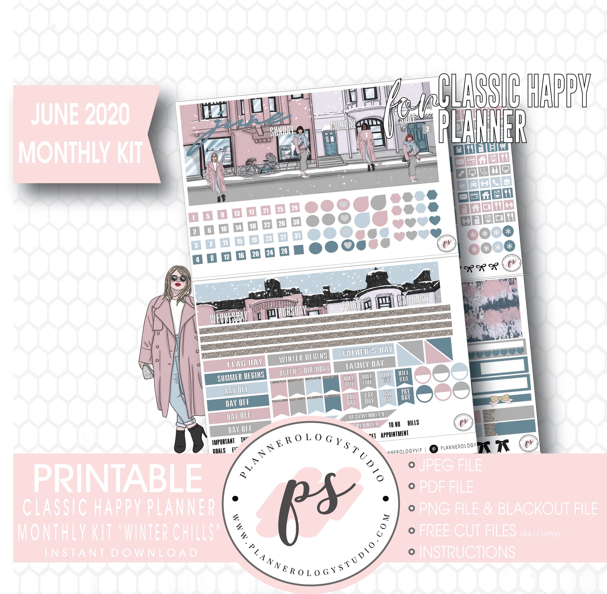 Winter Chills June 2020 Monthly View Kit Digital Printable Planner Stickers (for use with Classic Happy Planner) - Plannerologystudio