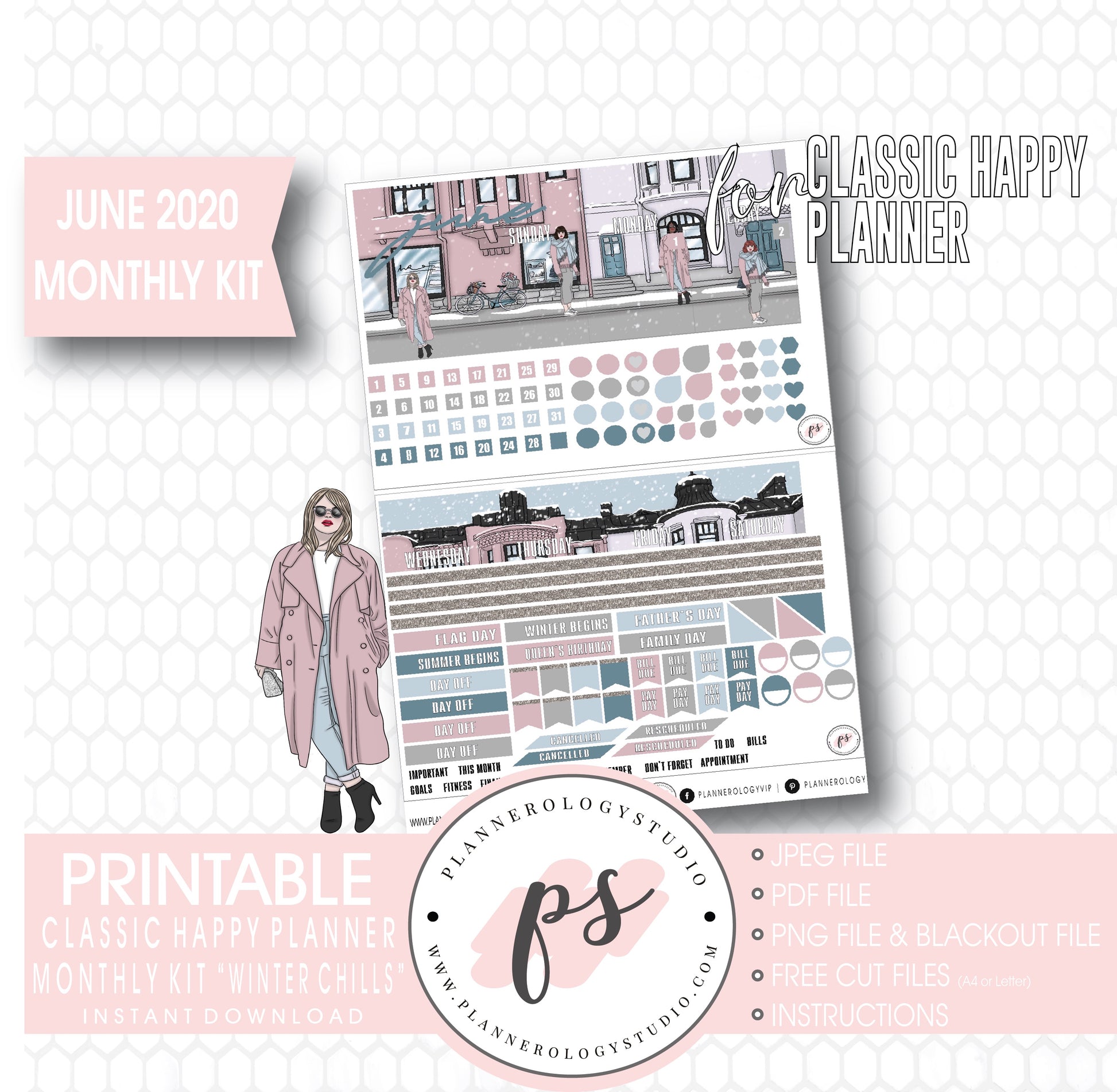 Winter Chills June 2020 Monthly View Kit Digital Printable Planner Stickers (for use with Classic Happy Planner) - Plannerologystudio