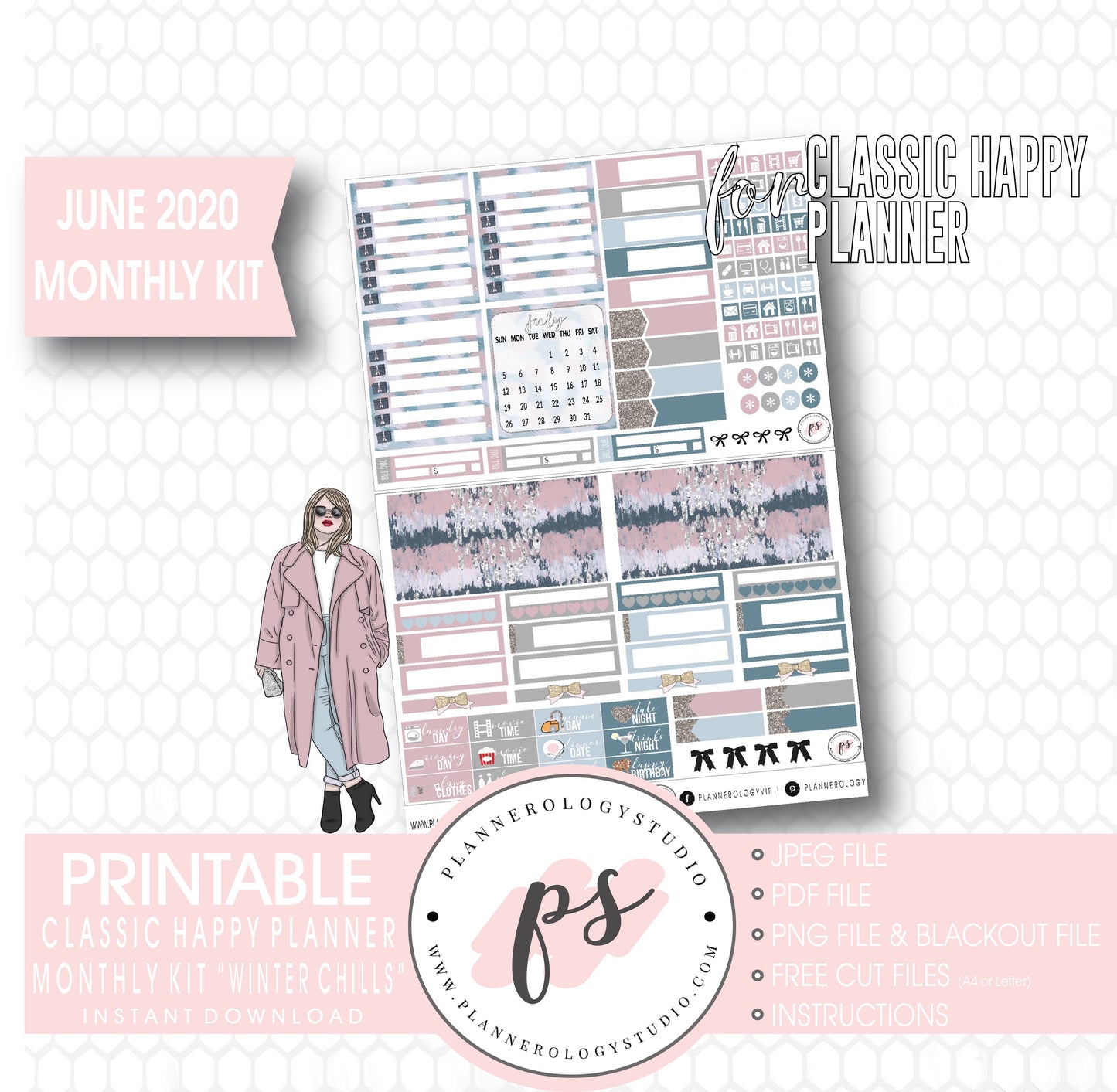 Winter Chills June 2020 Monthly View Kit Digital Printable Planner Stickers (for use with Classic Happy Planner) - Plannerologystudio