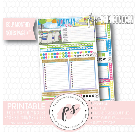 Summer Vibes Monthly Notes Page Kit Digital Printable Planner Stickers (for use with ECLP) - Plannerologystudio
