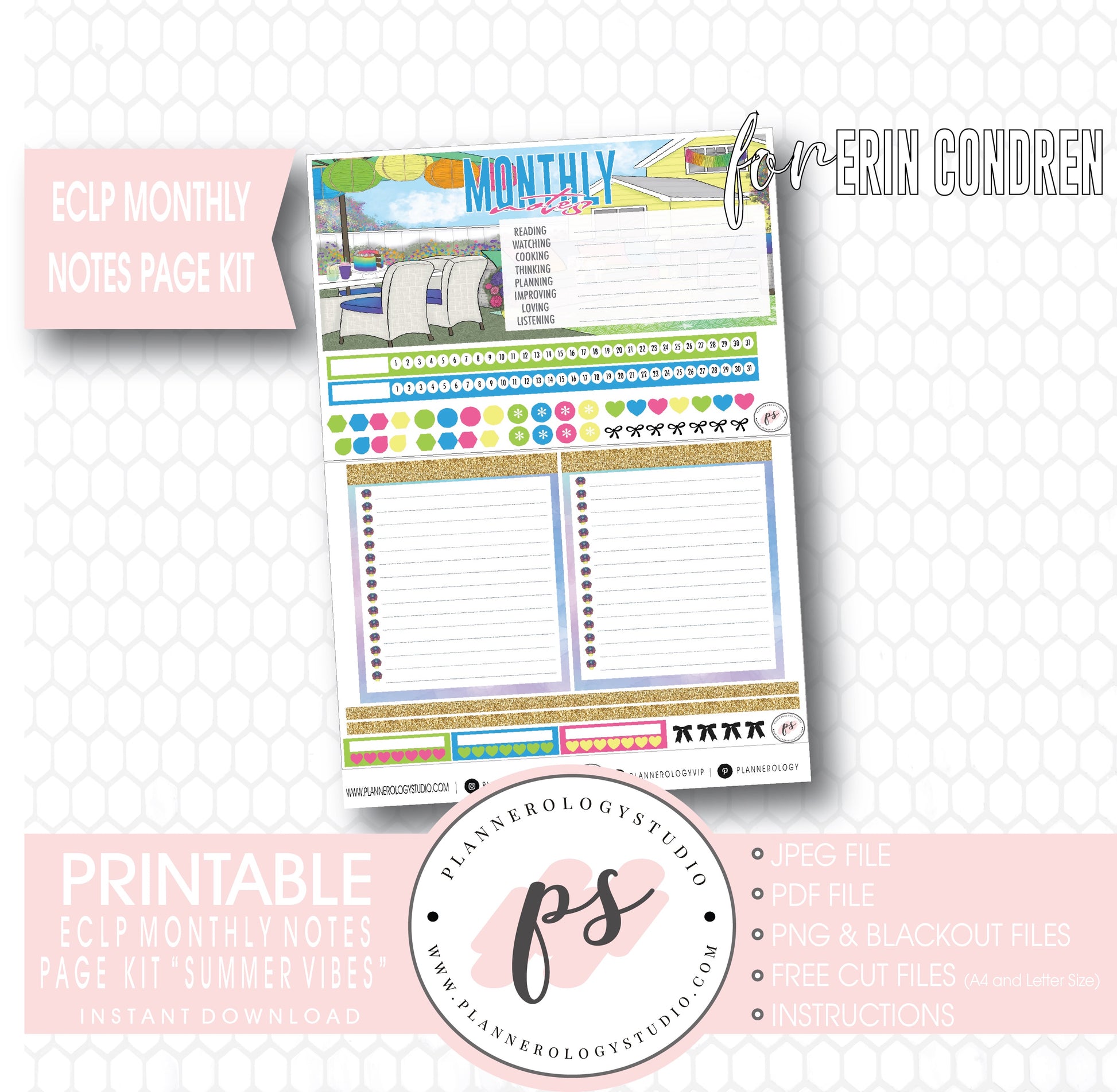 Summer Vibes Monthly Notes Page Kit Digital Printable Planner Stickers (for use with ECLP) - Plannerologystudio