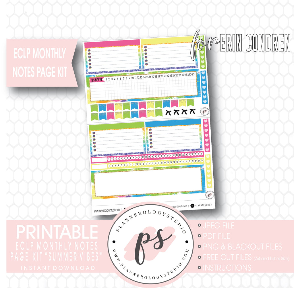 Summer Vibes Monthly Notes Page Kit Digital Printable Planner Stickers (for use with ECLP) - Plannerologystudio