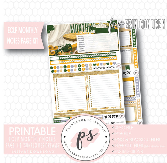 Sunflower Dreams Monthly Notes Page Kit Digital Printable Planner Stickers (for use with ECLP) - Plannerologystudio