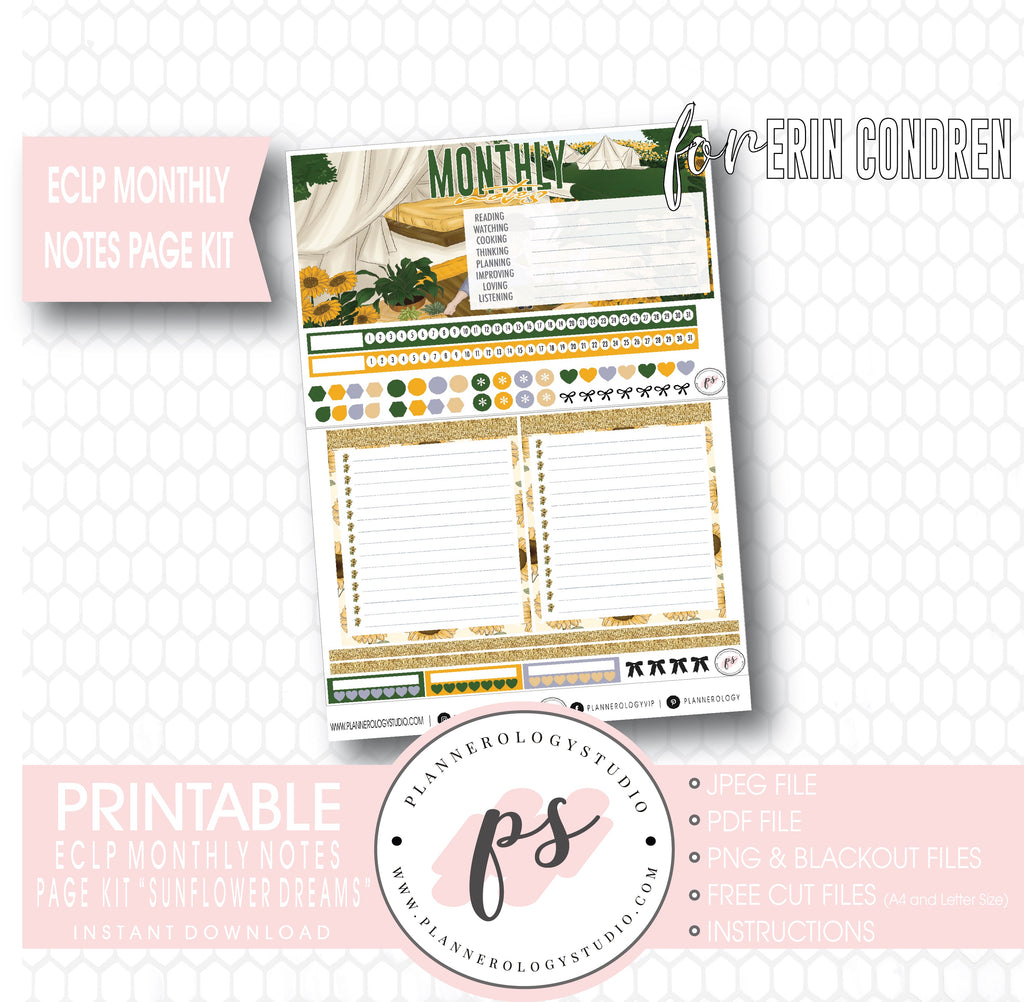 Sunflower Dreams Monthly Notes Page Kit Digital Printable Planner Stickers (for use with ECLP) - Plannerologystudio