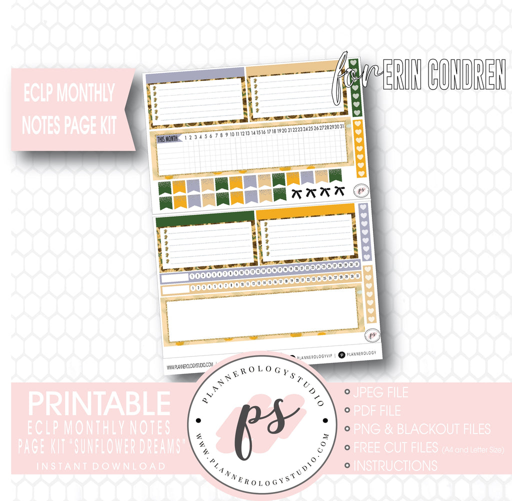 Sunflower Dreams Monthly Notes Page Kit Digital Printable Planner Stickers (for use with ECLP) - Plannerologystudio