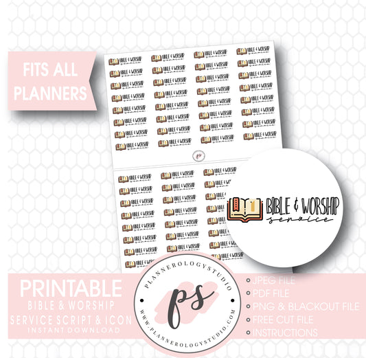 Bible & Worship Service Bujo Script & Icon Digital Printable Planner Stickers - Plannerologystudio