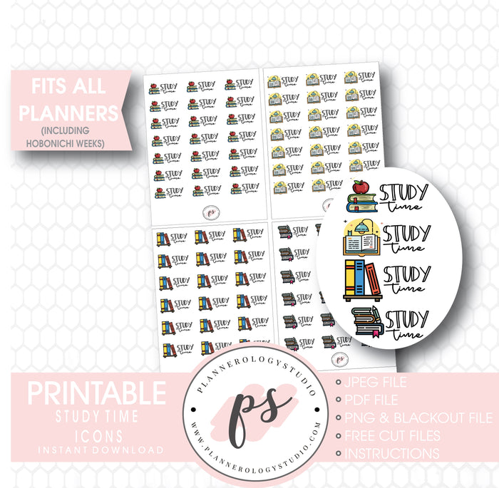 Study Time Bujo Script & Icons Digital Printable Planner Stickers - Plannerologystudio