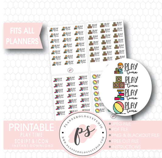 Play Time Bujo Script & Icon Digital Printable Planner Stickers - Plannerologystudio