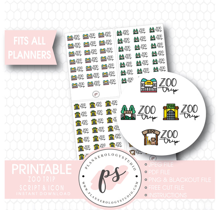 Zoo Trip Bujo Script & Icon Digital Printable Planner Stickers - Plannerologystudio