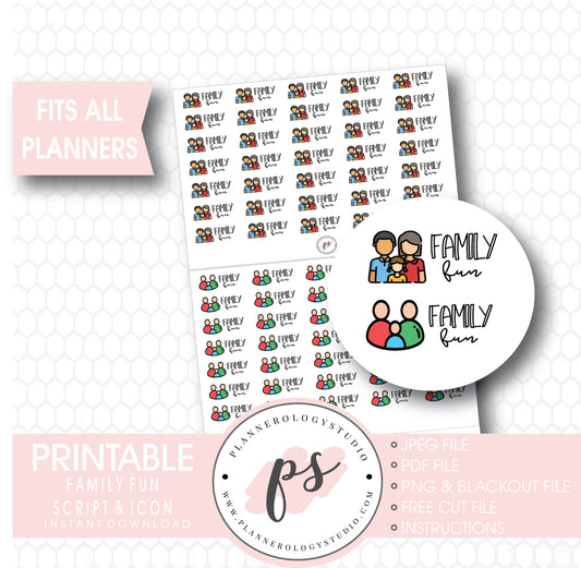 Family Fun Bujo Script & Icon Digital Printable Planner Stickers - Plannerologystudio