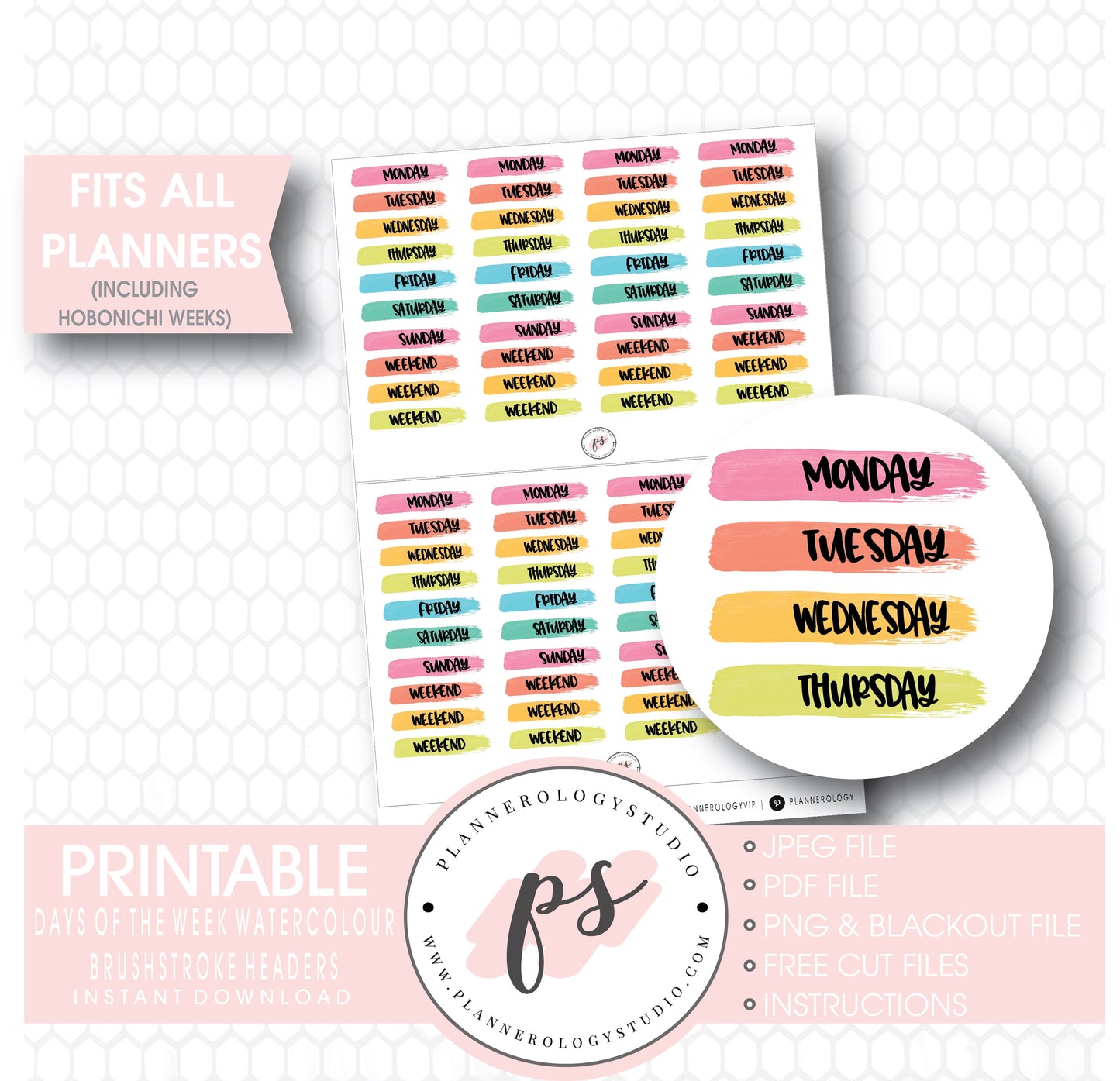 Watercolour Days of the Week & Weekend Brushstroke Headers Printable Planner Stickers - Plannerologystudio