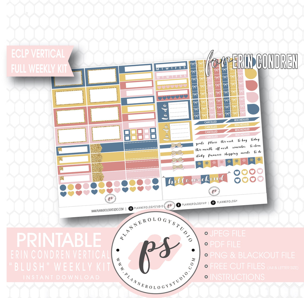 Blush Full Weekly Kit Printable Planner Digital Stickers (for use with Erin Condren Vertical) - Plannerologystudio