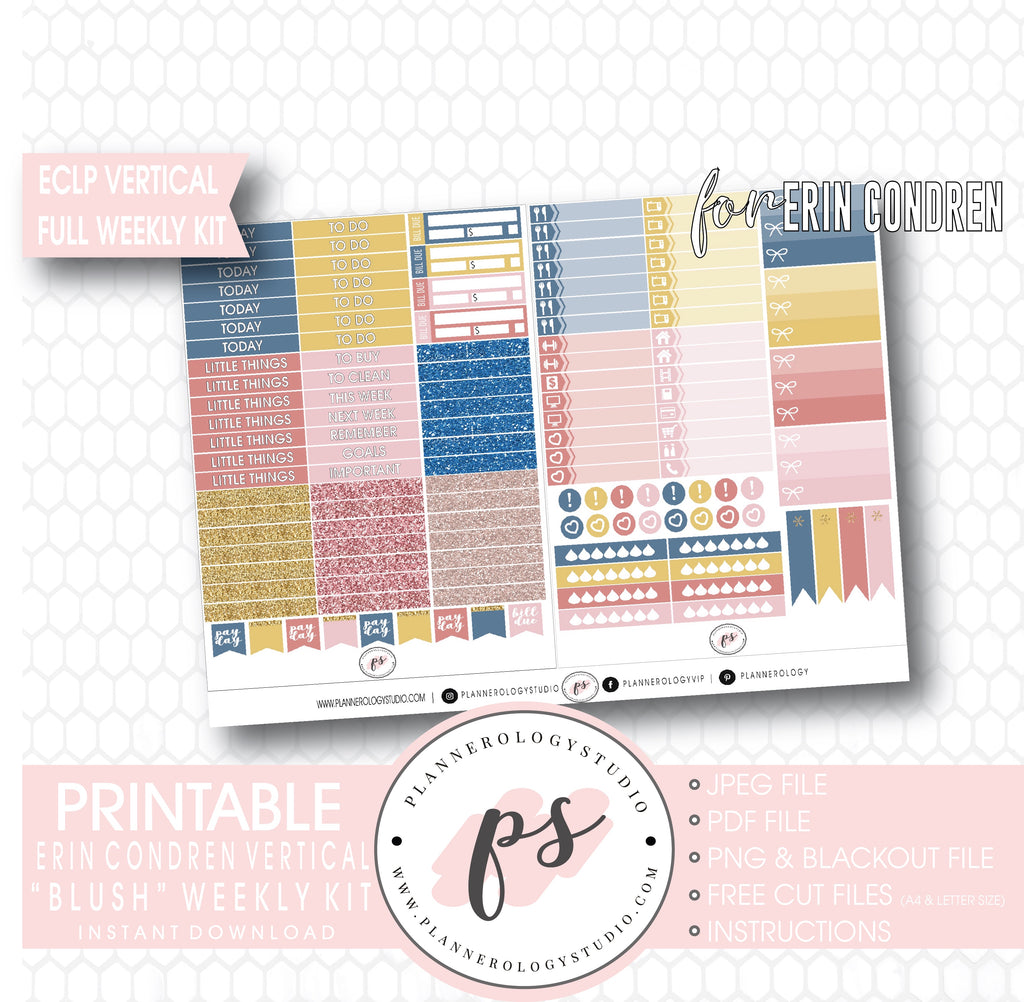 Blush Full Weekly Kit Printable Planner Digital Stickers (for use with Erin Condren Vertical) - Plannerologystudio