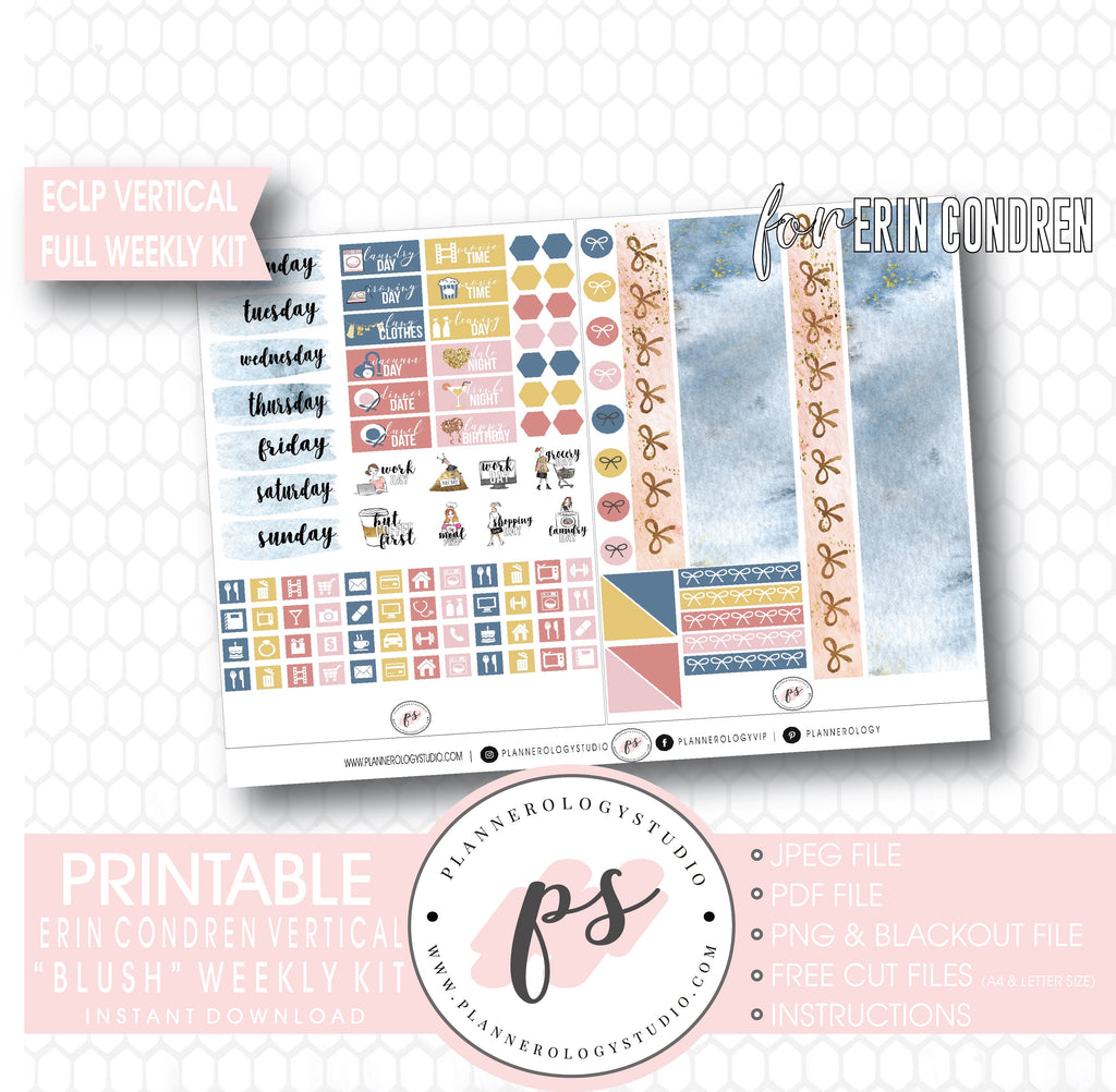 Blush Full Weekly Kit Printable Planner Digital Stickers (for use with Erin Condren Vertical) - Plannerologystudio