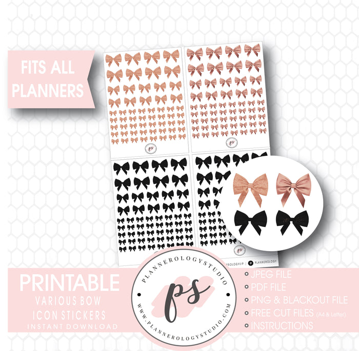 Various Bow Icons Digital Printable Hobonichi Weeks Planner Stickers (Foil Ready) - Plannerologystudio