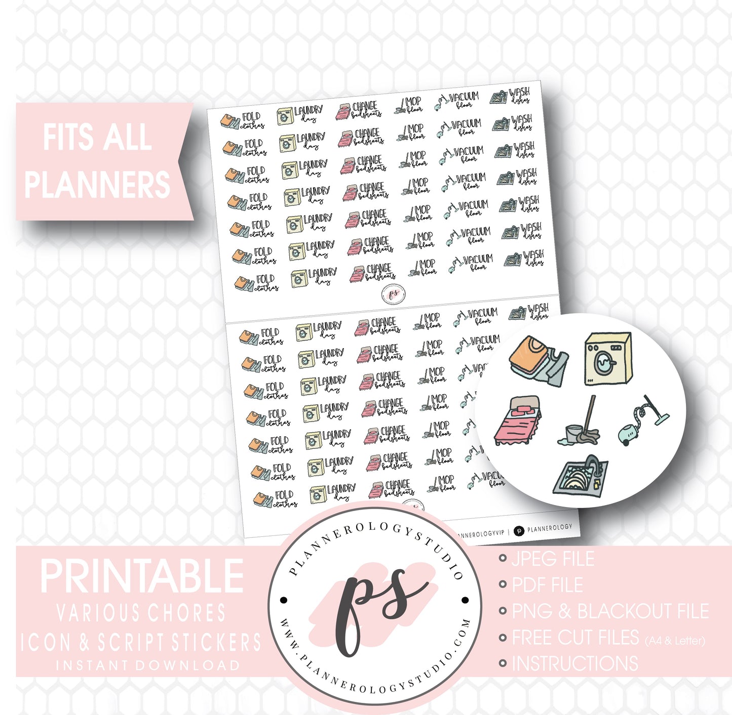 Various Chores Bujo Script & Icon Digital Printable Planner Stickers - Plannerologystudio