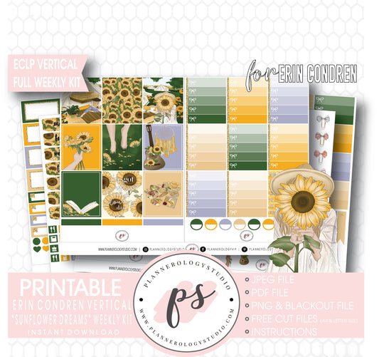 Sunflower Dreams Full Weekly Kit Printable Planner Digital Stickers (for use with Erin Condren Vertical) - Plannerologystudio