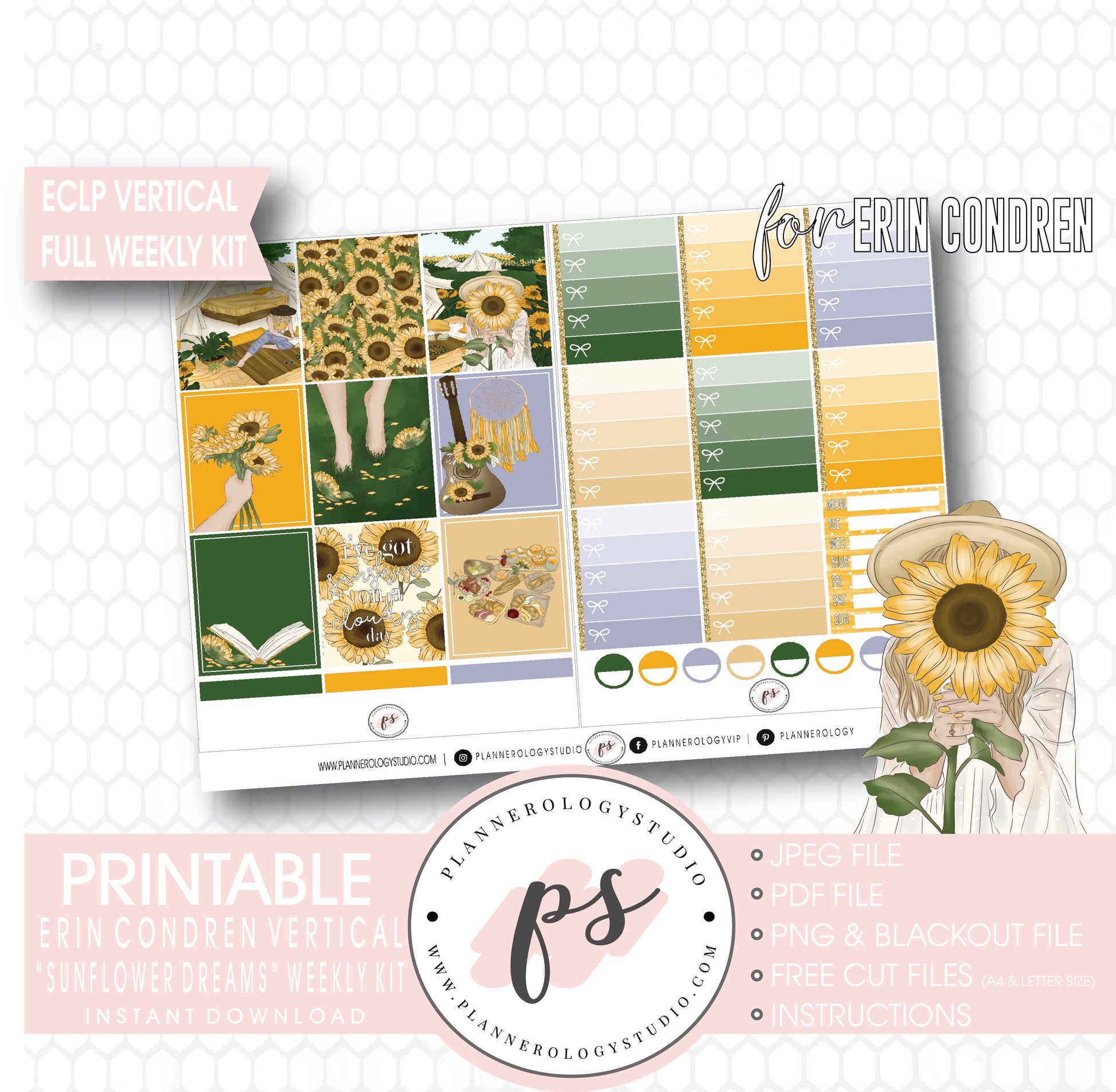 Sunflower Dreams Full Weekly Kit Printable Planner Digital Stickers (for use with Erin Condren Vertical) - Plannerologystudio