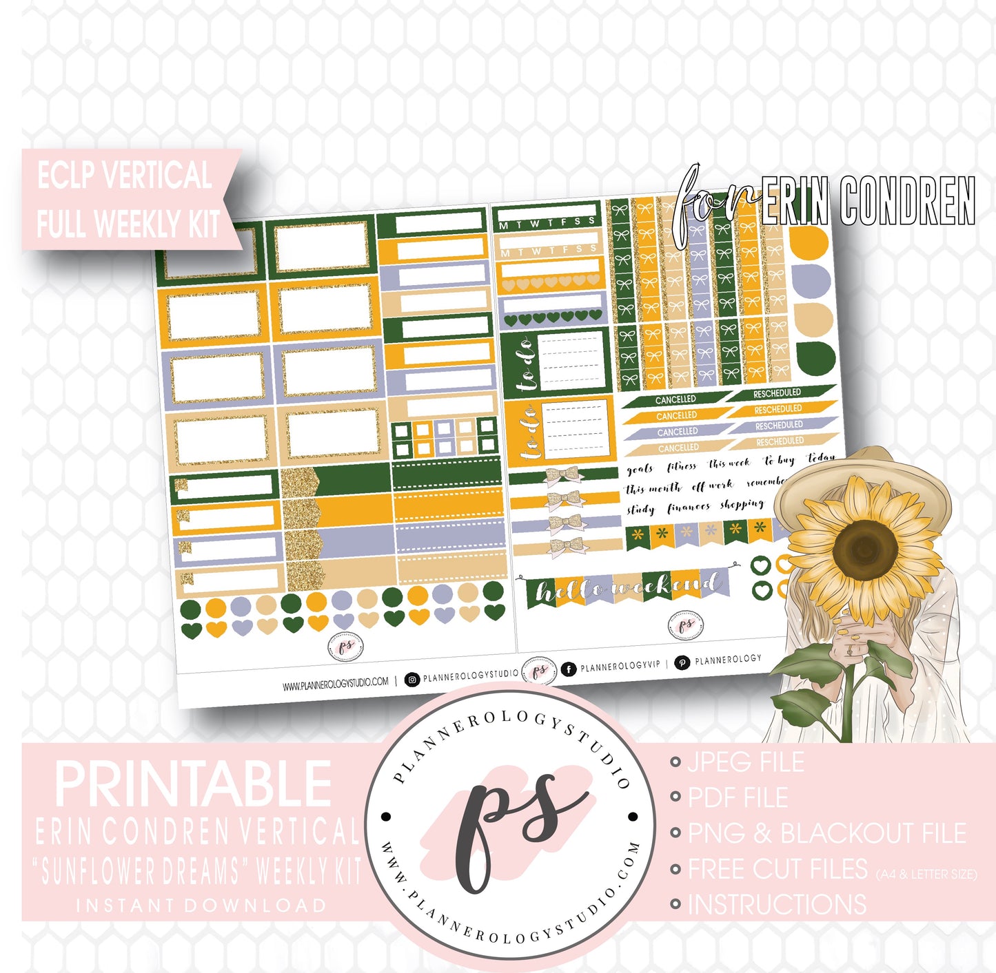 Sunflower Dreams Full Weekly Kit Printable Planner Digital Stickers (for use with Erin Condren Vertical) - Plannerologystudio