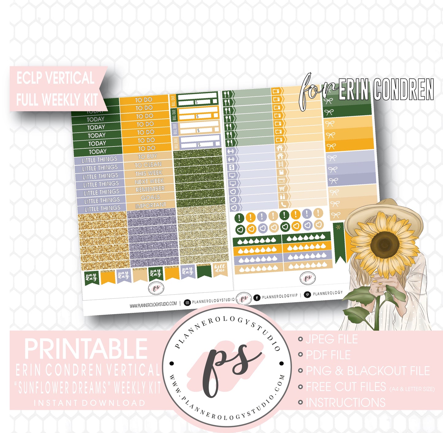 Sunflower Dreams Full Weekly Kit Printable Planner Digital Stickers (for use with Erin Condren Vertical) - Plannerologystudio