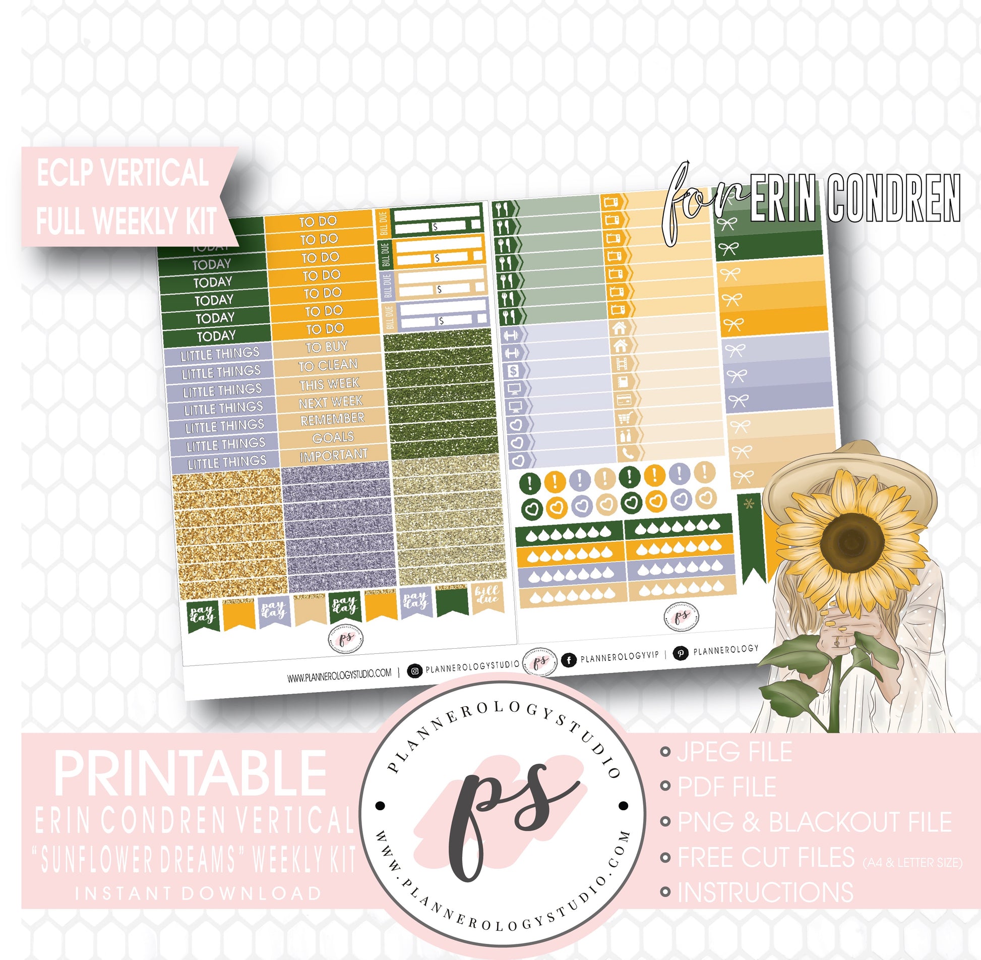 Sunflower Dreams Full Weekly Kit Printable Planner Digital Stickers (for use with Erin Condren Vertical) - Plannerologystudio