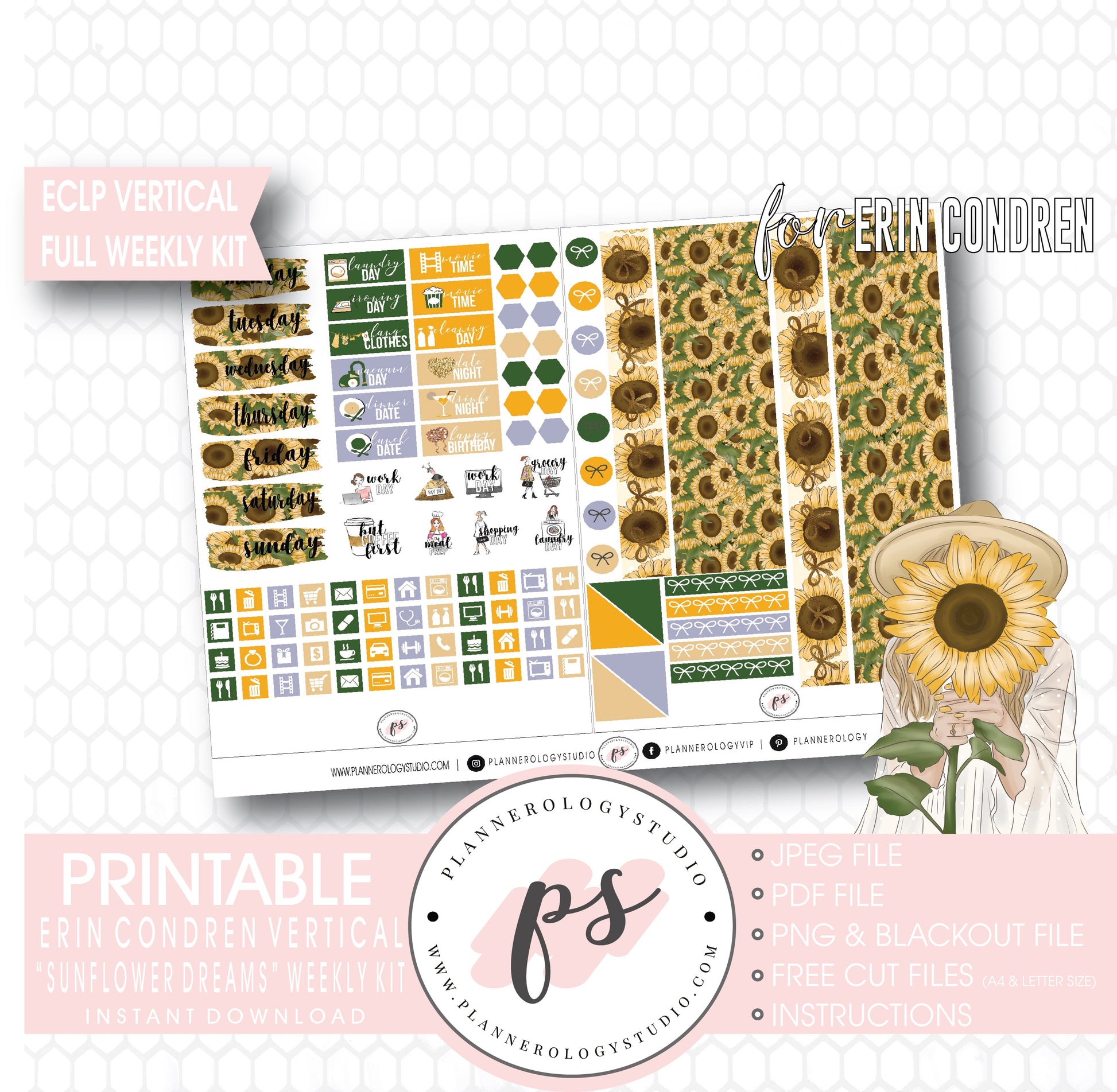 Sunflower Dreams Full Weekly Kit Printable Planner Digital Stickers (for use with Erin Condren Vertical) - Plannerologystudio