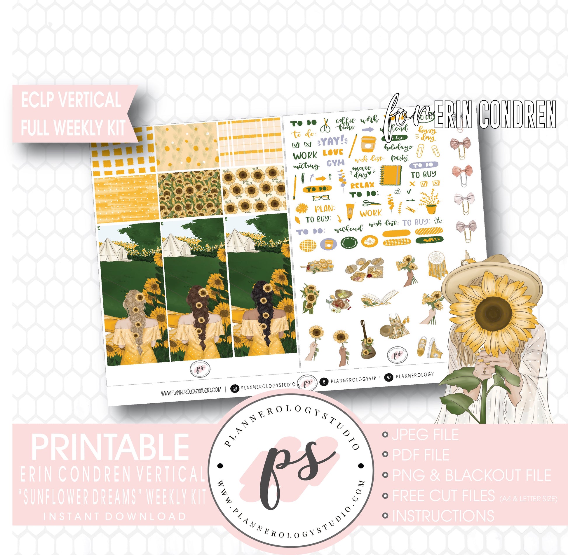 Sunflower Dreams Full Weekly Kit Printable Planner Digital Stickers (for use with Erin Condren Vertical) - Plannerologystudio