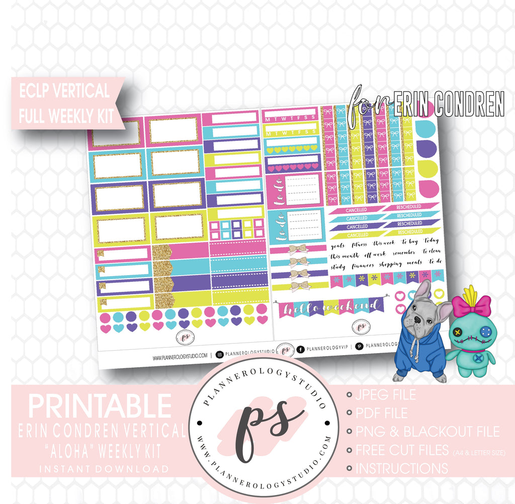 Aloha Full Weekly Kit Printable Planner Digital Stickers (for use with Erin Condren Vertical) - Plannerologystudio