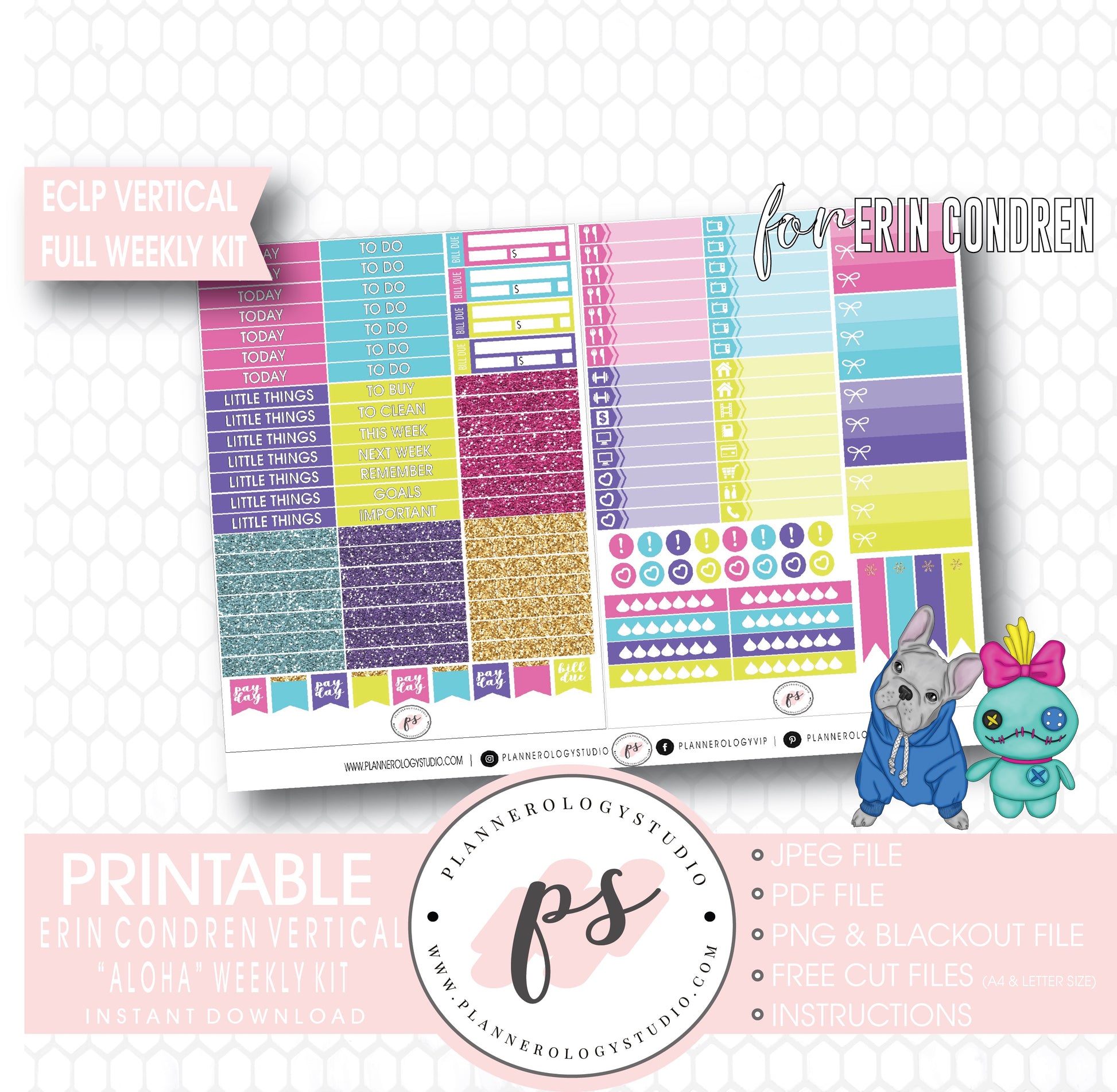 Aloha Full Weekly Kit Printable Planner Digital Stickers (for use with Erin Condren Vertical) - Plannerologystudio