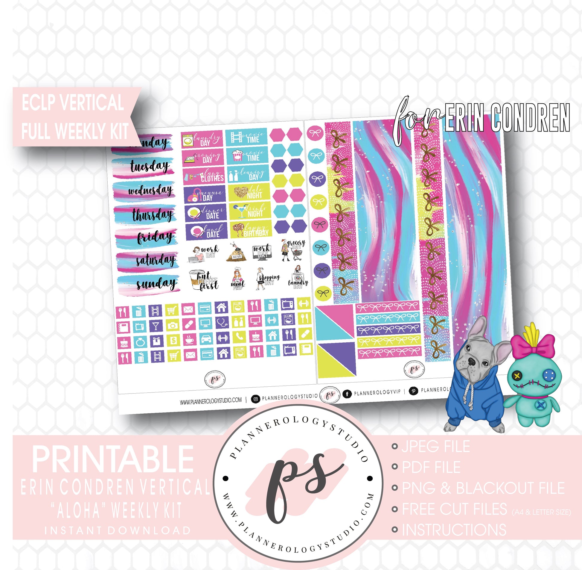 Aloha Full Weekly Kit Printable Planner Digital Stickers (for use with Erin Condren Vertical) - Plannerologystudio