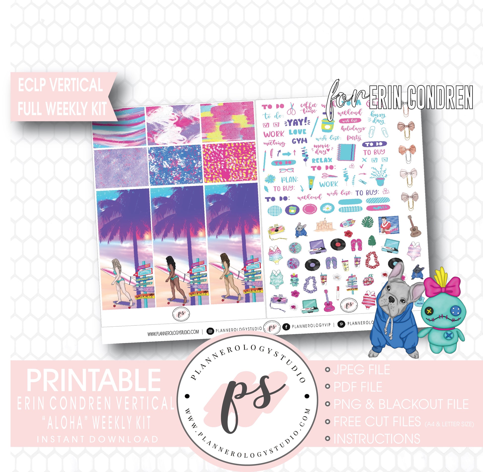Aloha Full Weekly Kit Printable Planner Digital Stickers (for use with Erin Condren Vertical) - Plannerologystudio