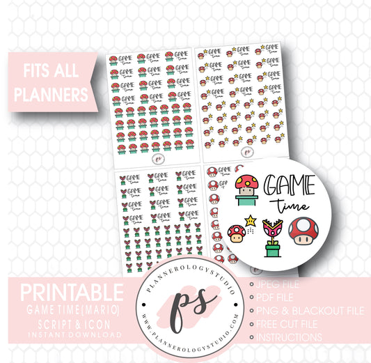 Super Mario Game Time Bujo Script & Icon Digital Printable Planner Stickers - Plannerologystudio