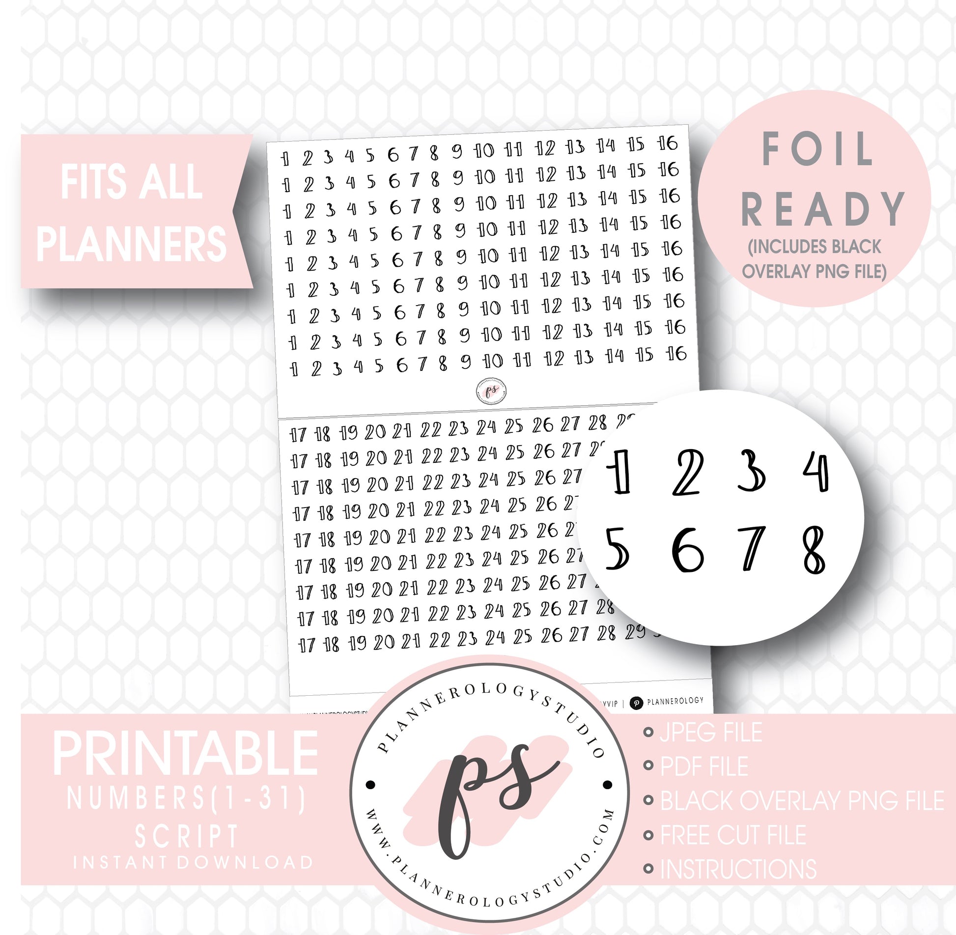 Numbers (1 to 31) Bujo Script Digital Printable Planner Stickers (Foil Ready) - Plannerologystudio