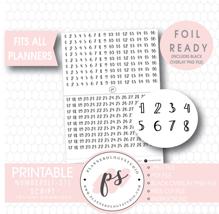 Numbers (1 to 31) Bujo Script Digital Printable Planner Stickers (Foil Ready) - Plannerologystudio