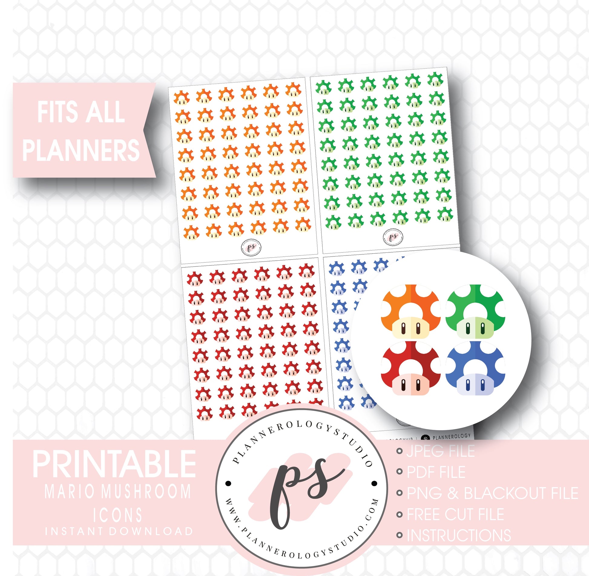 Super Mario Mushrooms Icon Digital Printable Planner Stickers - Plannerologystudio