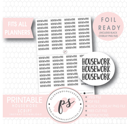 Housework Bujo Script Digital Printable Planner Stickers (Foil Ready)