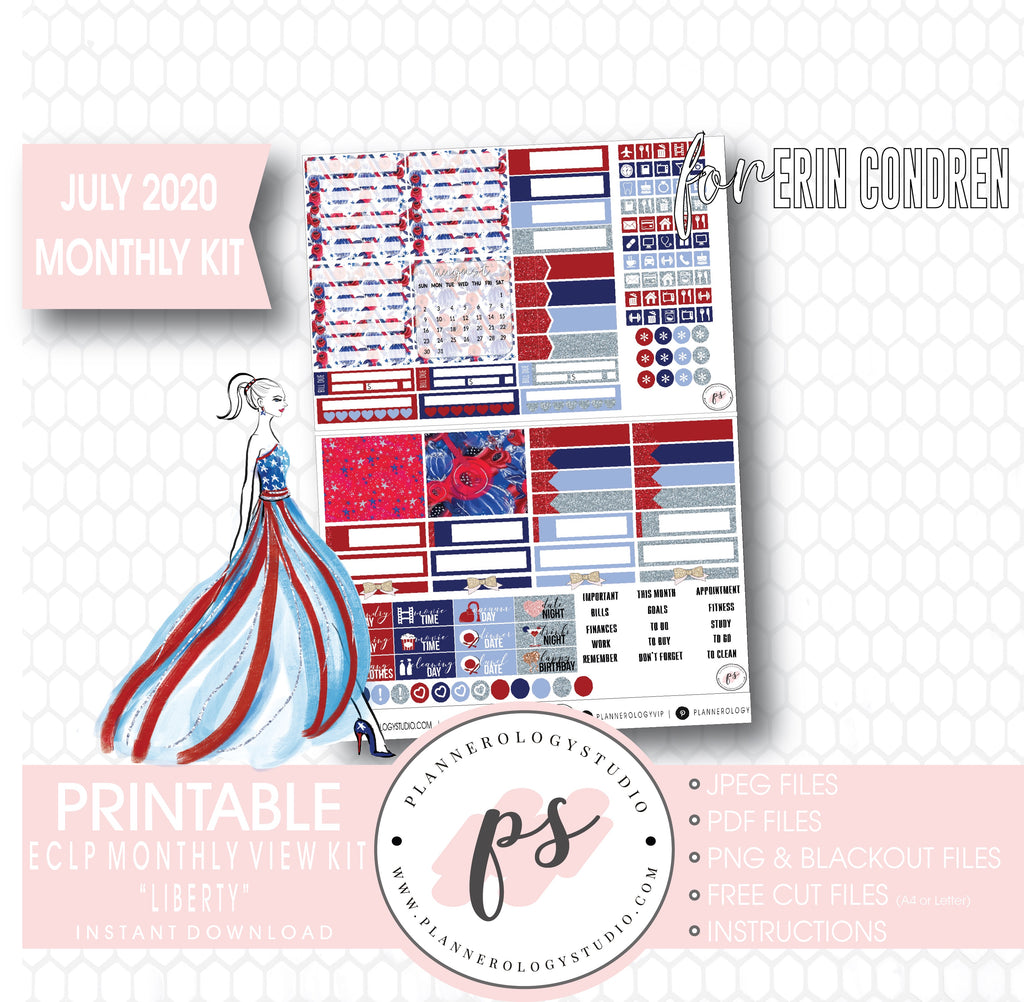 Liberty Independence Day July 2020 Monthly View Kit Digital Printable Planner Stickers (for use with Erin Condren) - Plannerologystudio