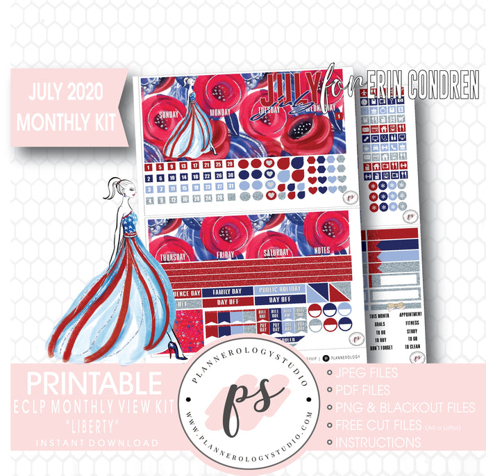 Liberty Independence Day July 2020 Monthly View Kit Digital Printable Planner Stickers (for use with Erin Condren) - Plannerologystudio