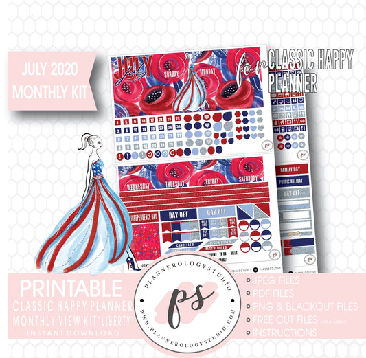 Liberty Independence Day July 2020 Monthly View Kit Digital Printable Planner Stickers (for use with Classic Happy Planner) - Plannerologystudio