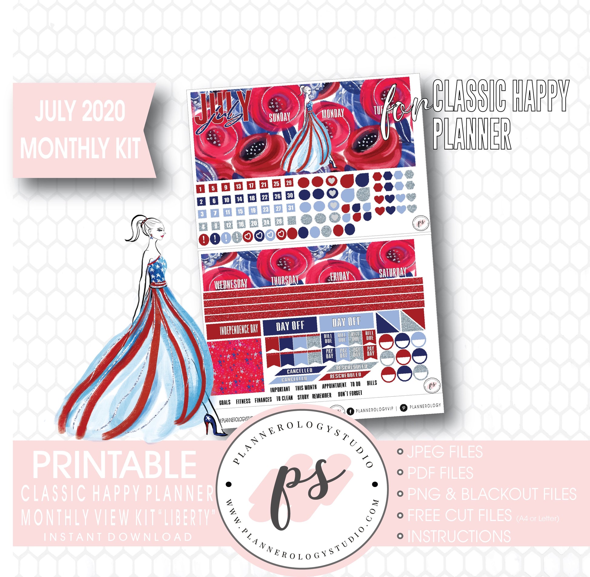 Liberty Independence Day July 2020 Monthly View Kit Digital Printable Planner Stickers (for use with Classic Happy Planner) - Plannerologystudio