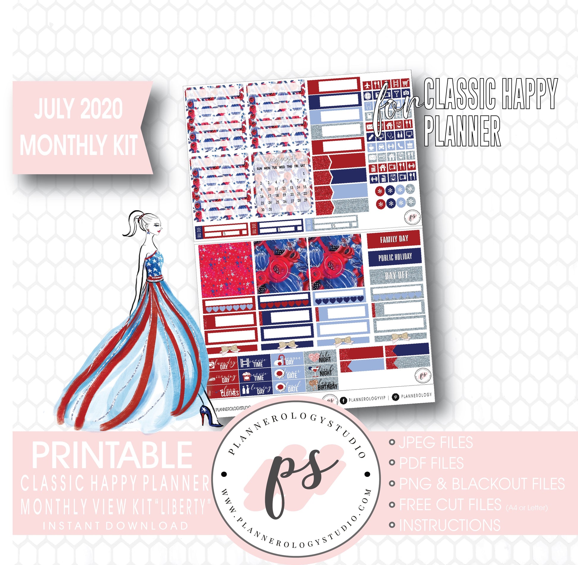 Liberty Independence Day July 2020 Monthly View Kit Digital Printable Planner Stickers (for use with Classic Happy Planner) - Plannerologystudio
