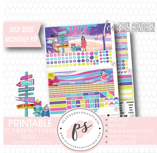 Aloha July 2020 Monthly View Kit Digital Printable Planner Stickers (for use with Erin Condren) - Plannerologystudio