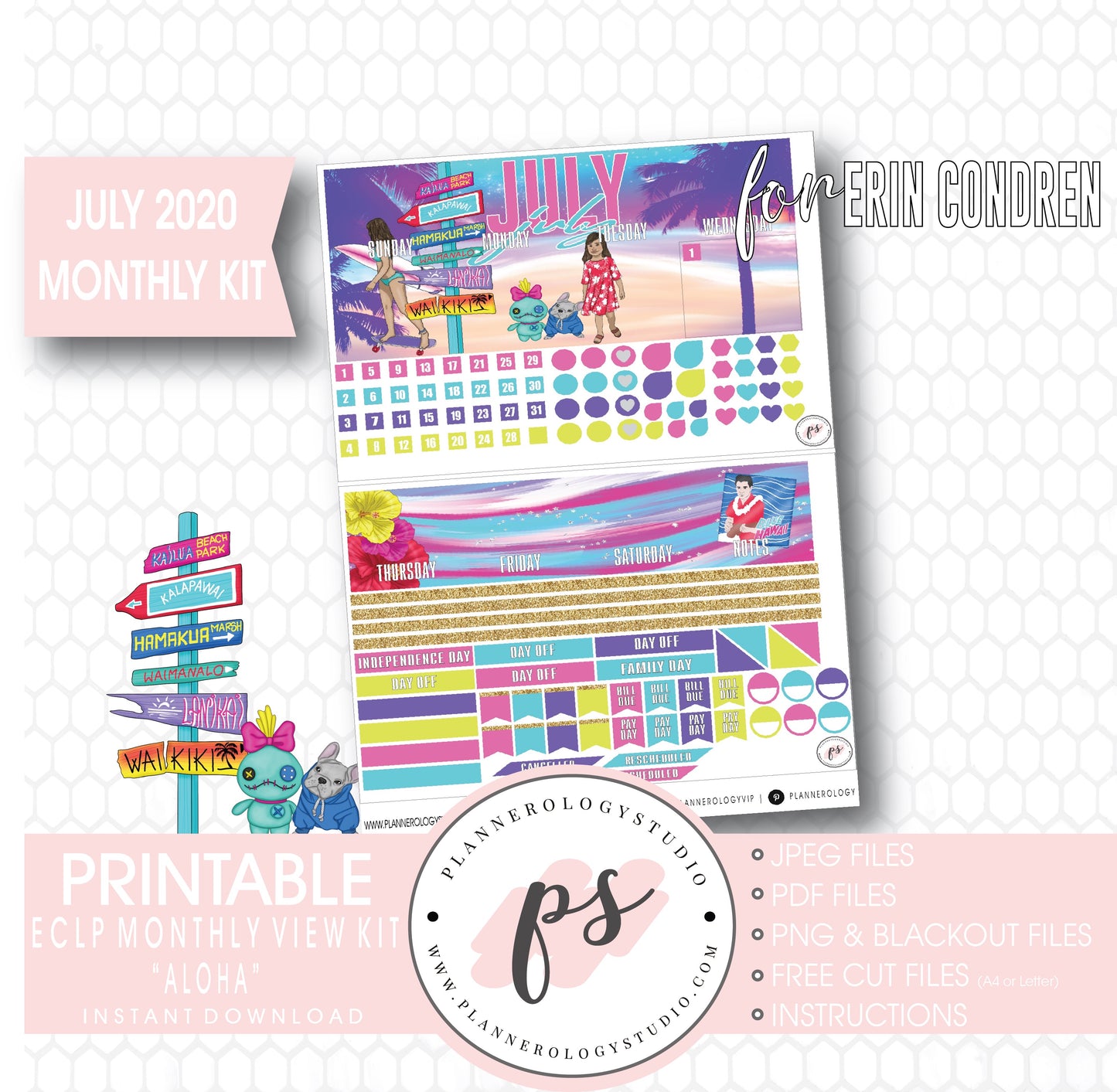 Aloha July 2020 Monthly View Kit Digital Printable Planner Stickers (for use with Erin Condren) - Plannerologystudio