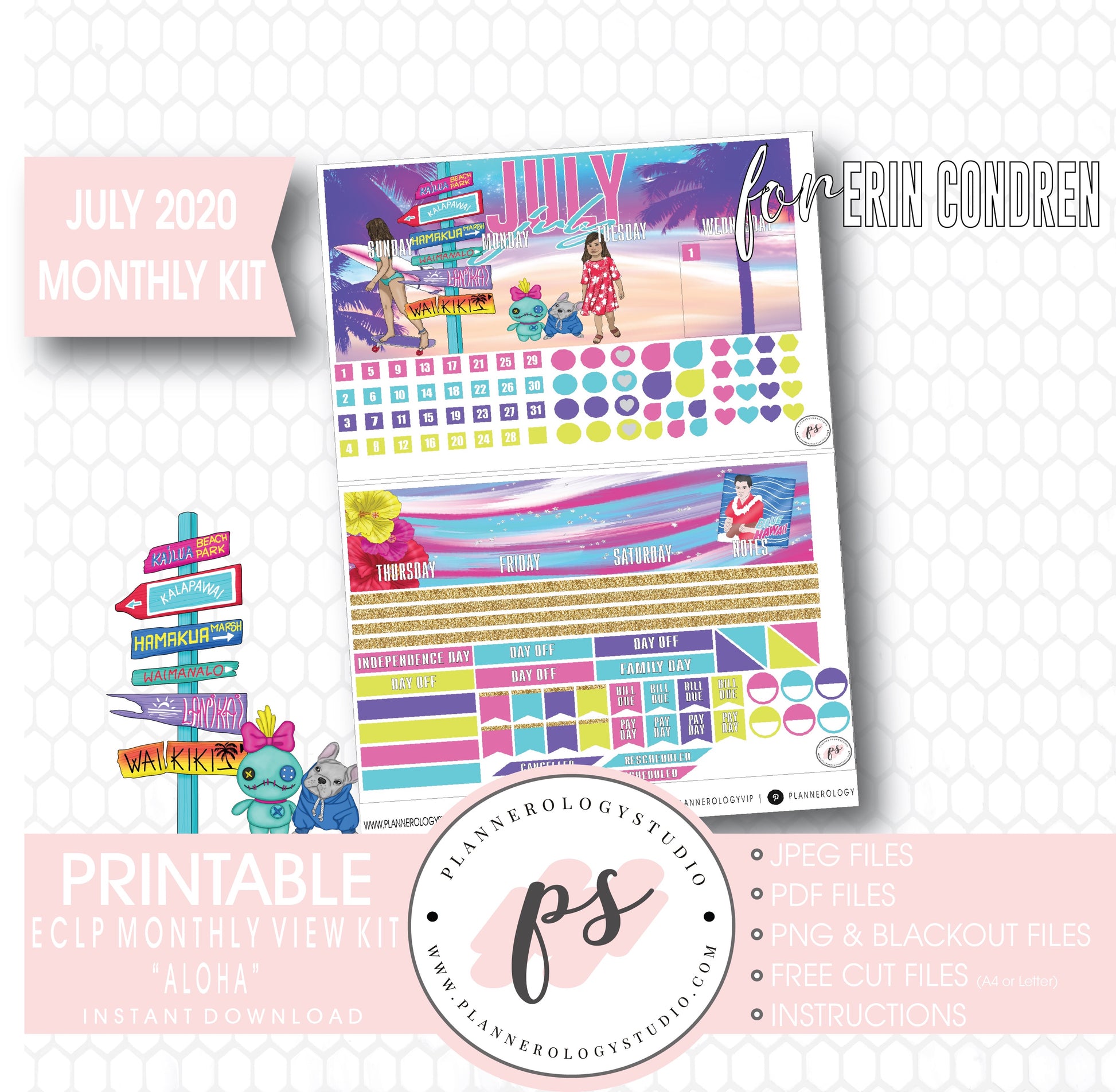 Aloha July 2020 Monthly View Kit Digital Printable Planner Stickers (for use with Erin Condren) - Plannerologystudio