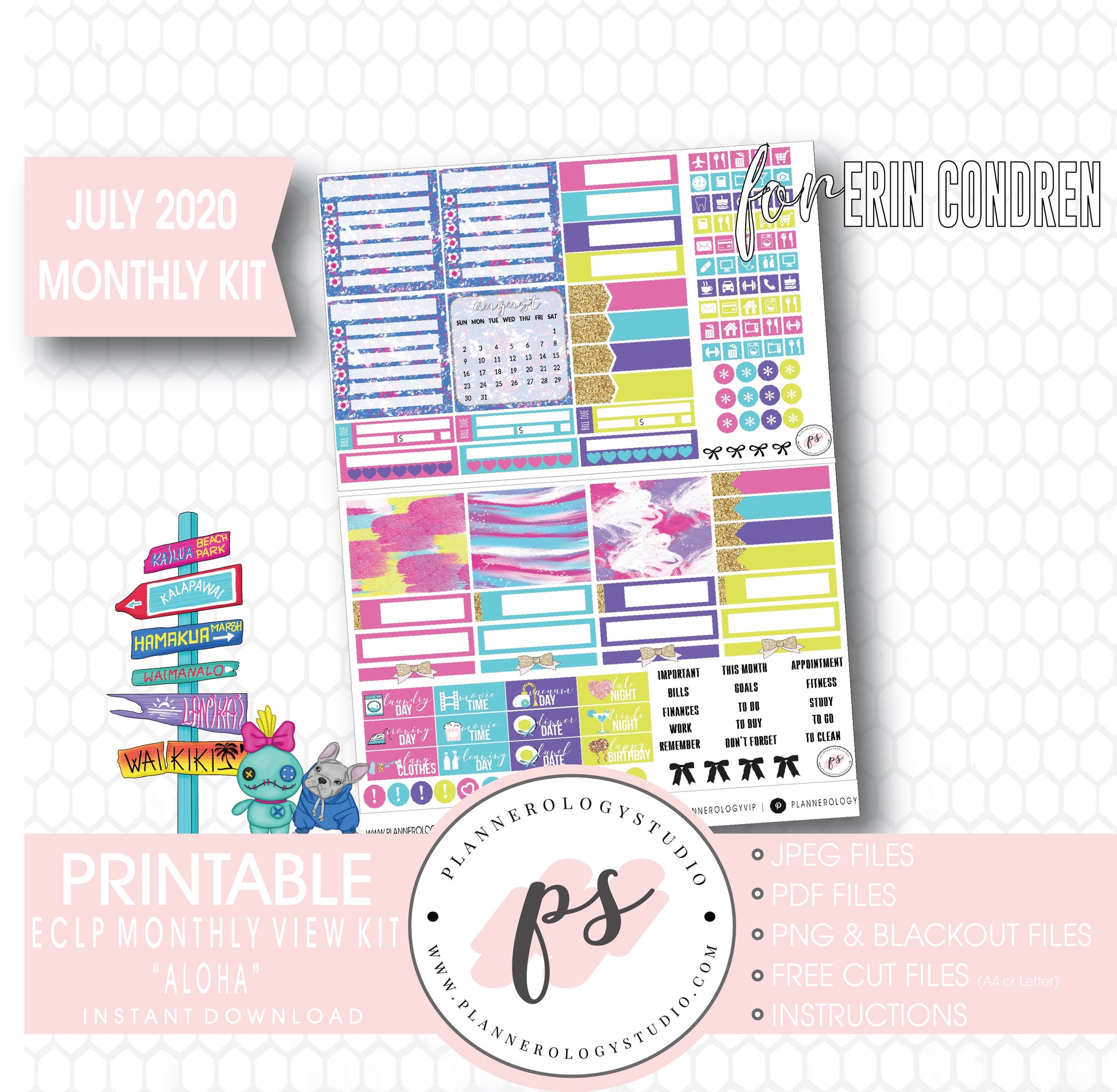 Aloha July 2020 Monthly View Kit Digital Printable Planner Stickers (for use with Erin Condren) - Plannerologystudio