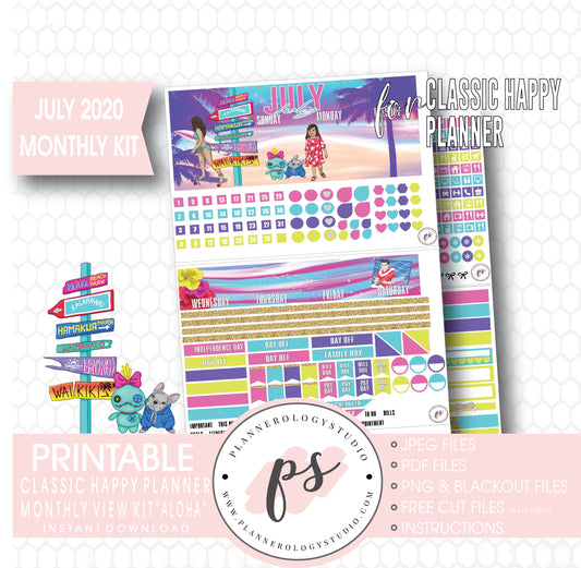 Aloha July 2020 Monthly View Kit Digital Printable Planner Stickers (for use with Classic Happy Planner) - Plannerologystudio