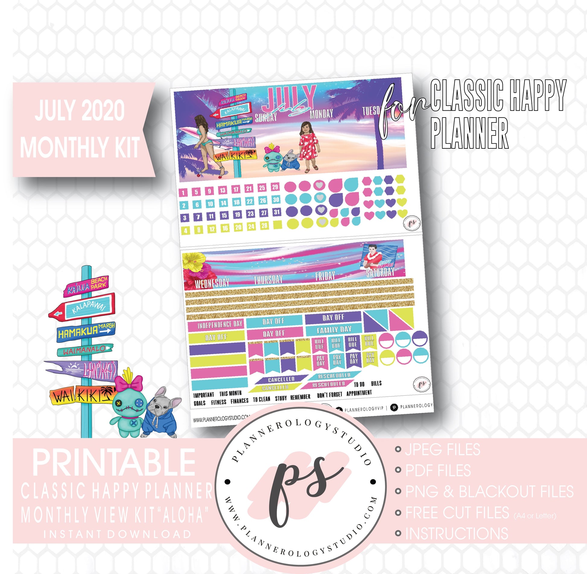 Aloha July 2020 Monthly View Kit Digital Printable Planner Stickers (for use with Classic Happy Planner) - Plannerologystudio