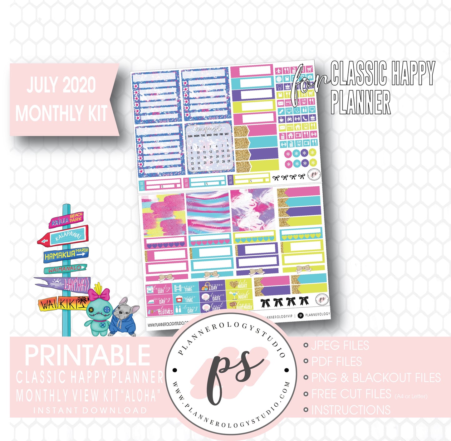 Aloha July 2020 Monthly View Kit Digital Printable Planner Stickers (for use with Classic Happy Planner) - Plannerologystudio