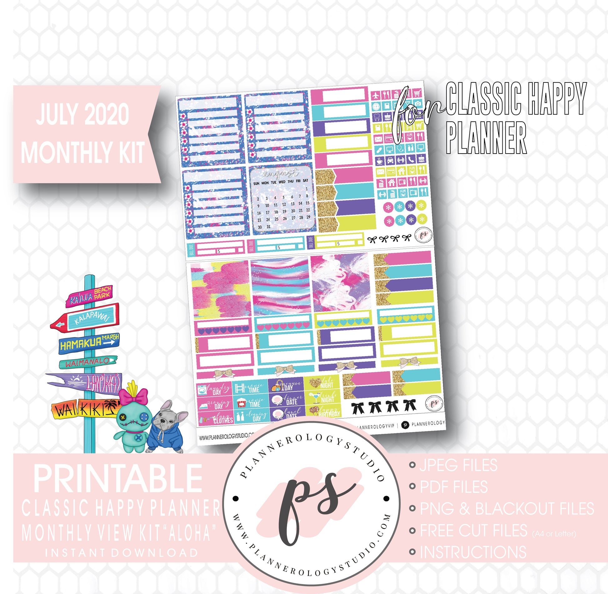 Aloha July 2020 Monthly View Kit Digital Printable Planner Stickers (for use with Classic Happy Planner) - Plannerologystudio