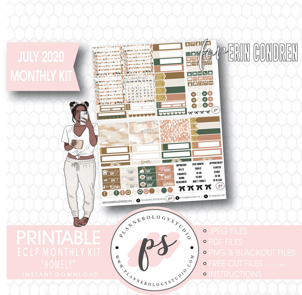 Homely July 2020 Monthly View Kit Digital Printable Planner Stickers (for Standard A5 Wide Monthly 1.6" Width Date Boxes)